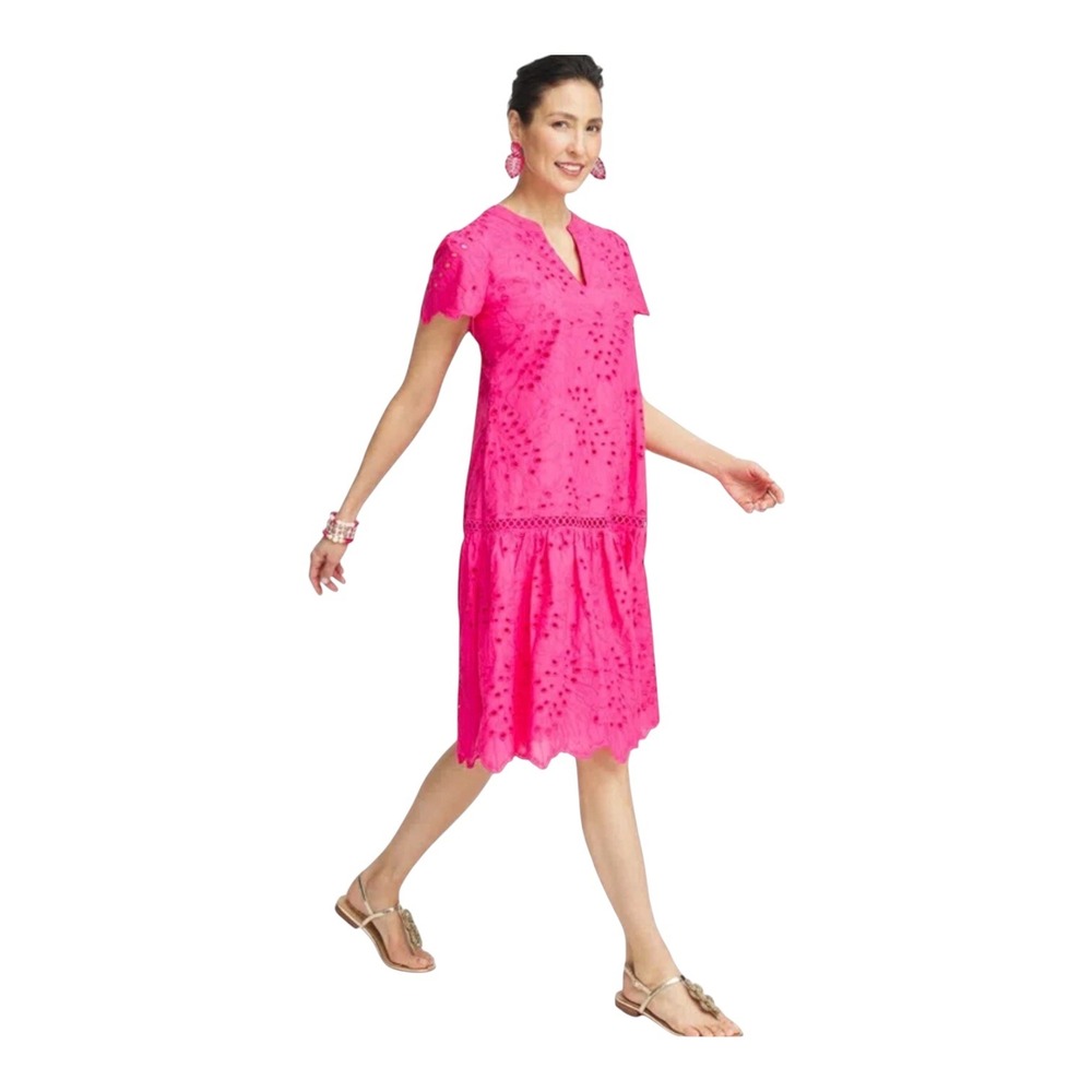 Chicos Pink Cotton Eyelet Lace Tiered Shift Dress Split V-Neck Sz 00 US 2